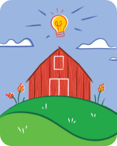 Cartoon-style photo of a shining lightbulb hanging above a barn sitting on a hill